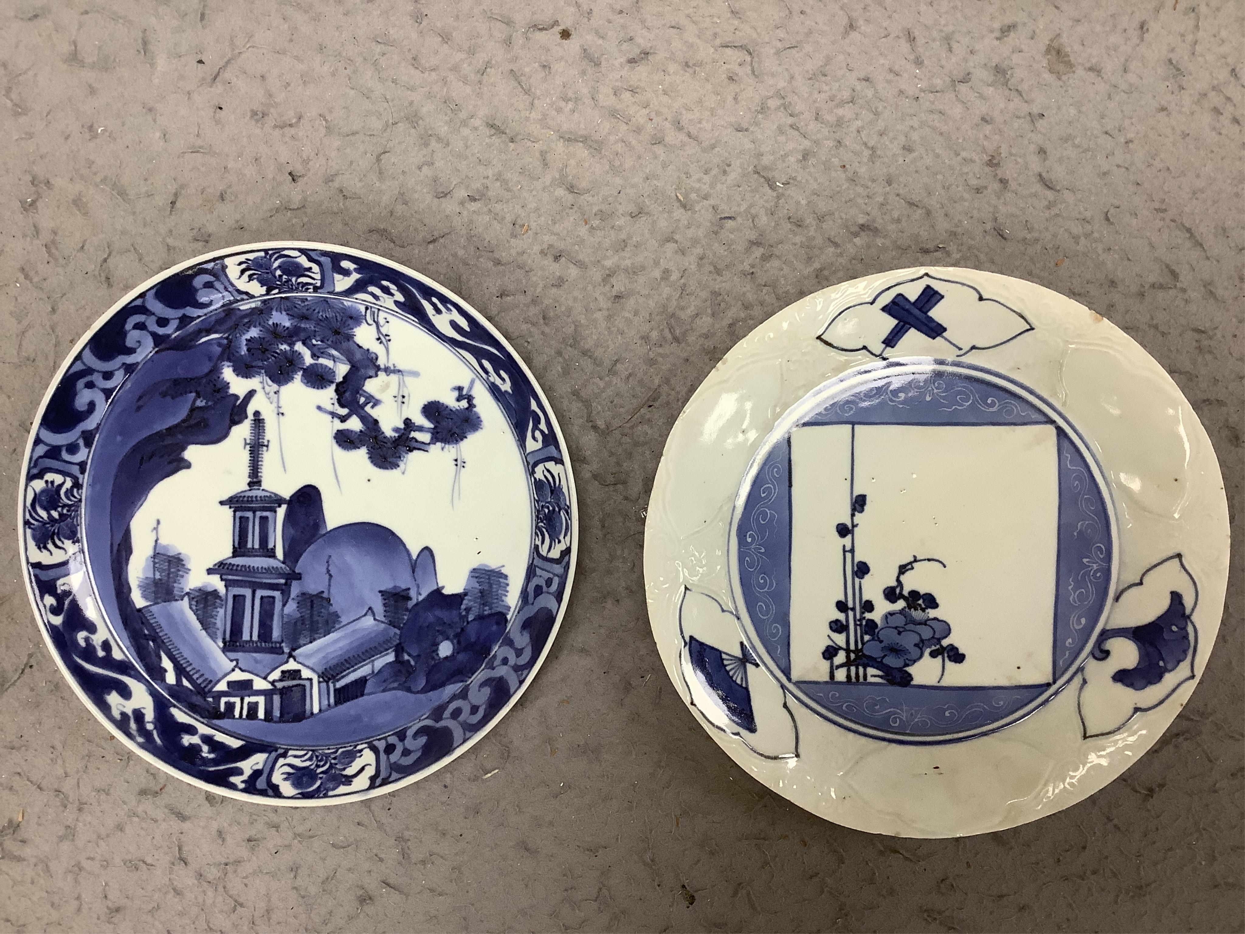 Three Japanese Kakiemon style blue and white dishes and an 18th century Chinese famille rose dish. Condition - varies